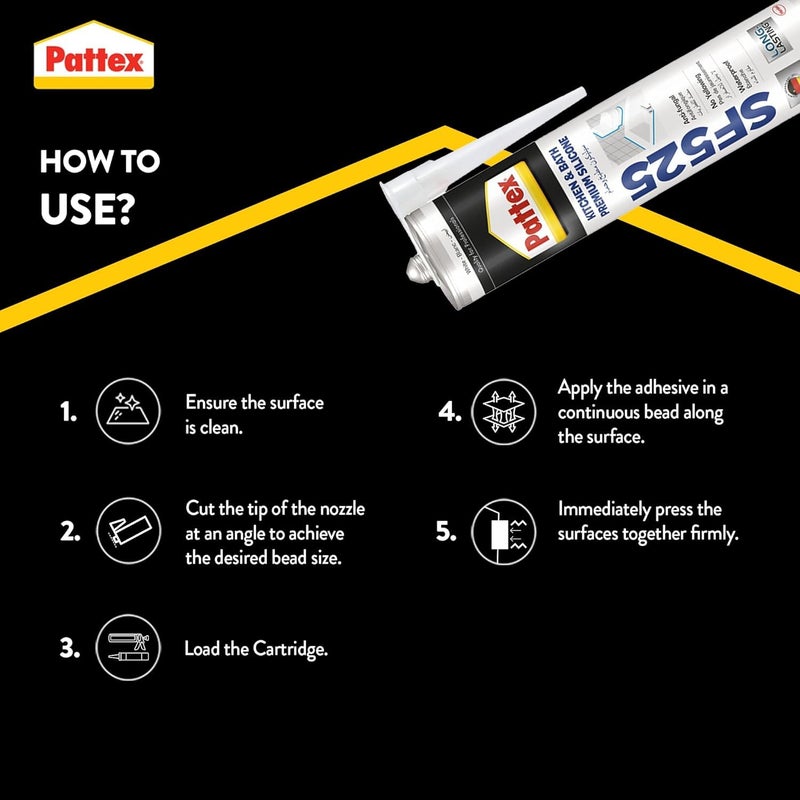 Pattex 4Pcs SF525 Kitchen & Bath Premium Silicone Sealant with 1Pc Caulking Gun - - Image 4